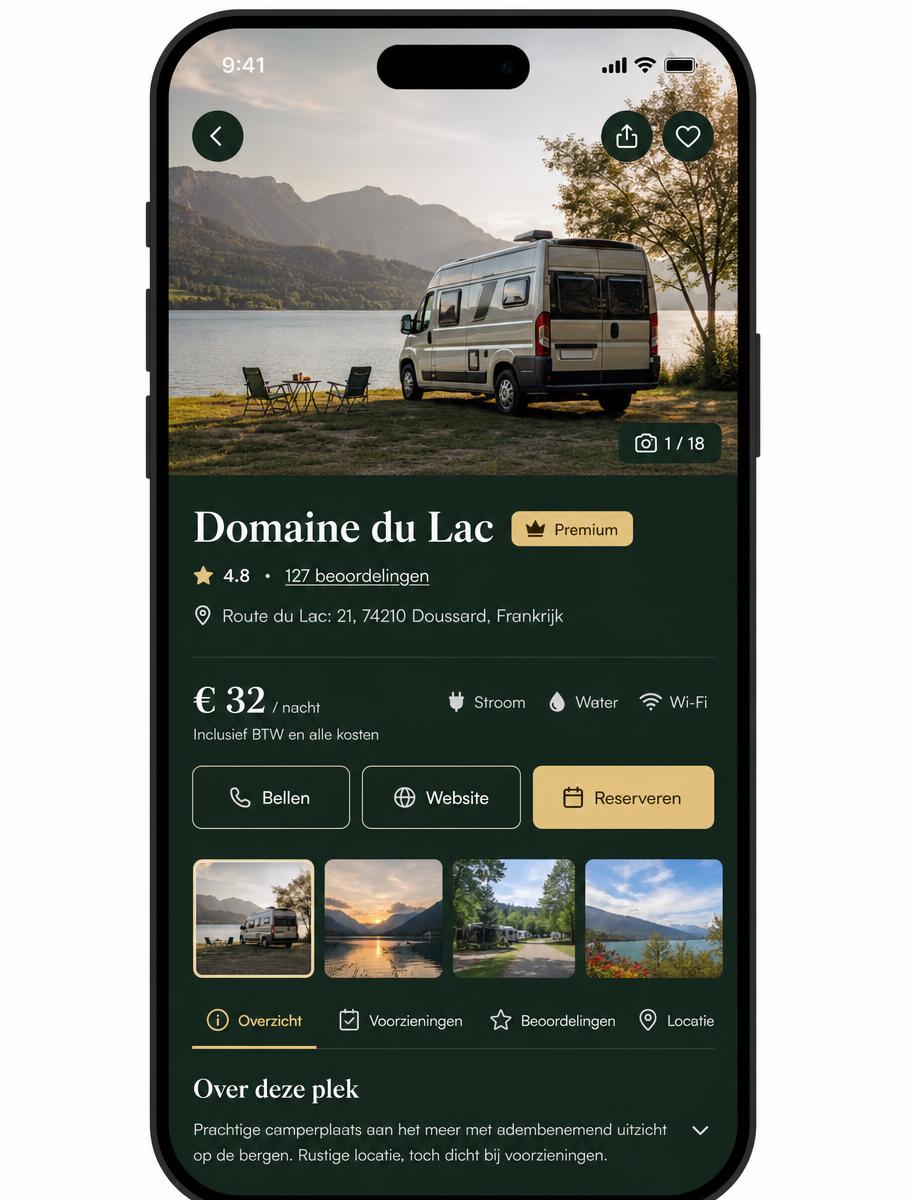 Voorbeeld van een Premium vermelding in de app met fotogalerij, boekingsknop en contactgegevens