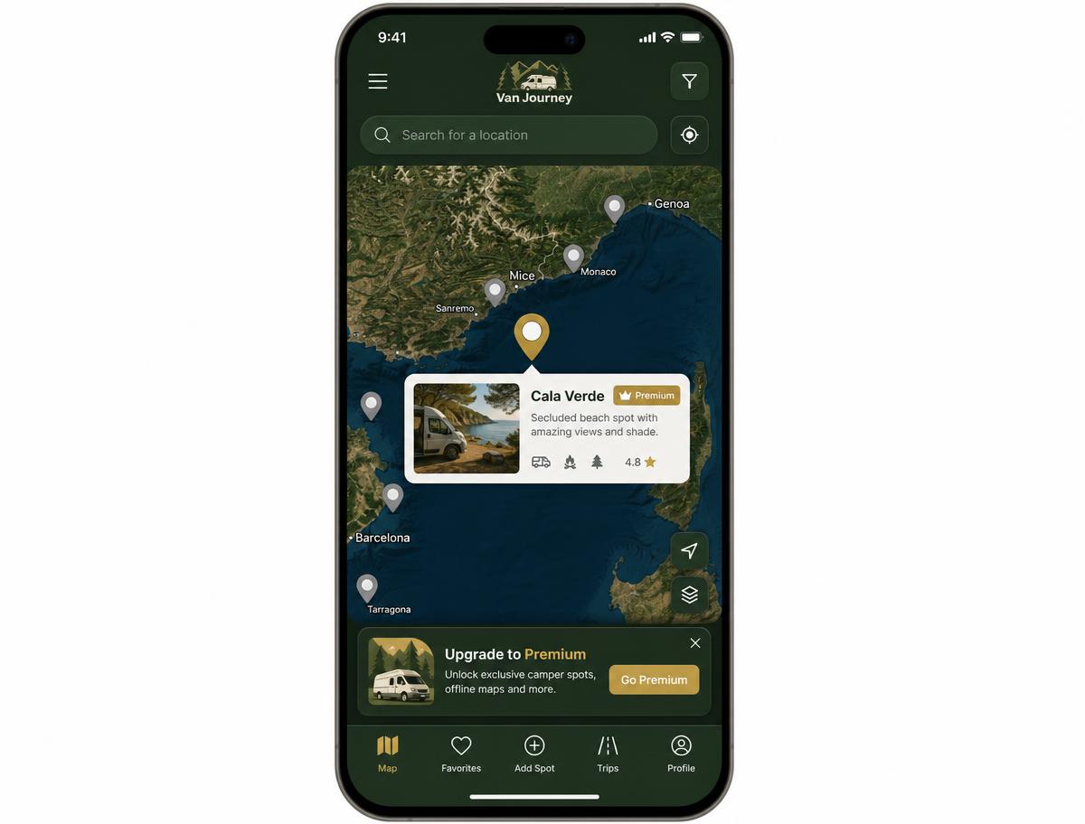 Voorbeeld van de kaart in de app met een uitgelichte Premium plek en een reclamebanner
